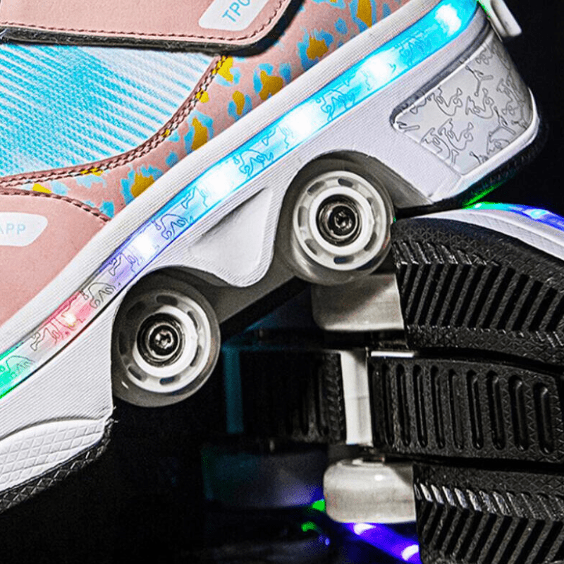 detailed look at retractable wheels and LED light mechanism on Kick Speed roller shoes for kids and adults