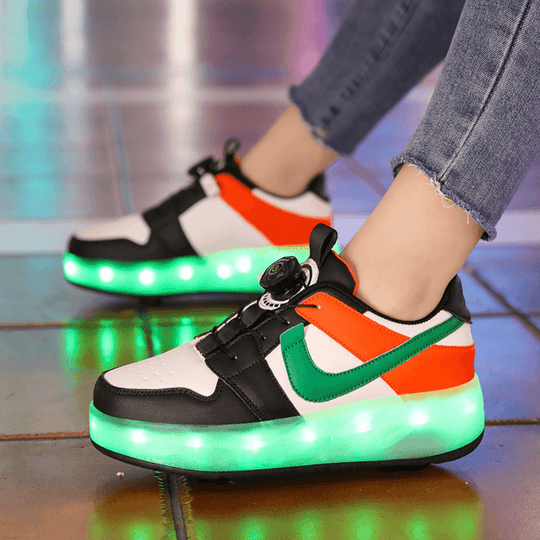 Orange and green heel wheels roller shoes glowing with LED lights