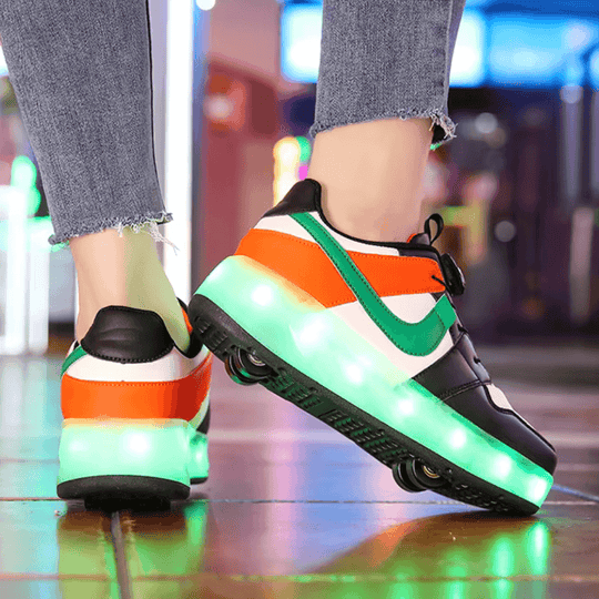 Orange and green Kick Speed Kick Air LED shoes with wheels