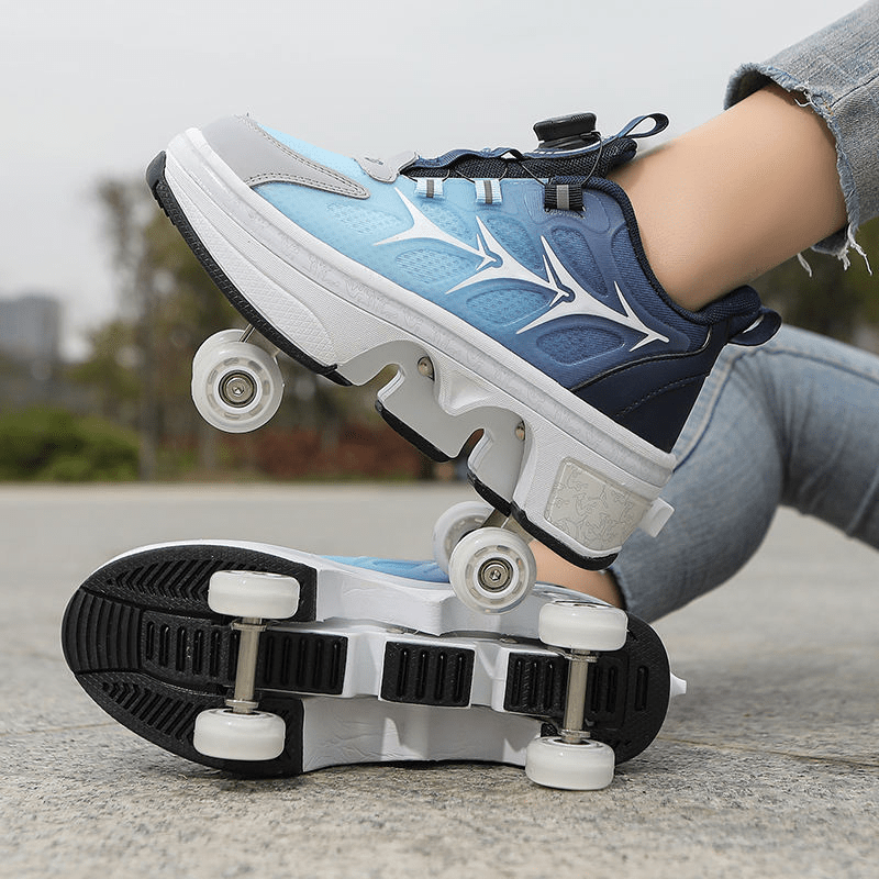 side angle of blue and gray roller shoes for adults showing retractable wheel design during use