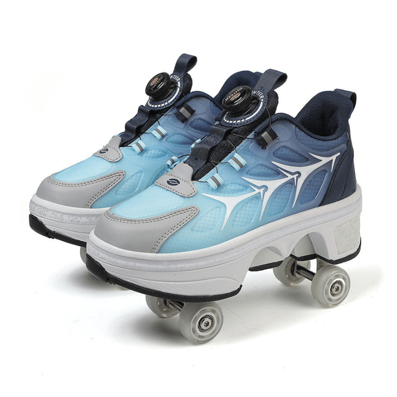 Kick Speed Galaxy Twist Lock LOW roller skate shoes in gradient blue with retractable wheels on white background