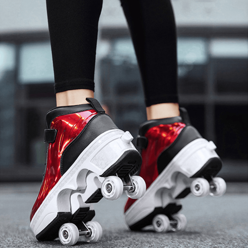 woman skating outdoors wearing red Kick Speed Glaze MID roller skate shoes with pop-out wheels