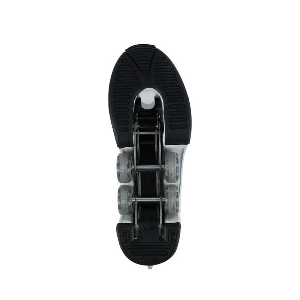Bottom sole view of retractable roller shoes, Kick Speed Hyper Jet LOW shoes with pop out wheels