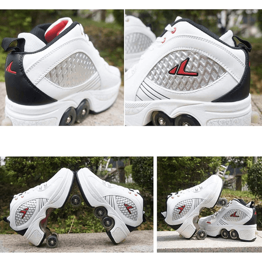 collage of white Kick Speed roller skate shoes with wheels, detailed side and outdoor views of roller shoes for adults and kids