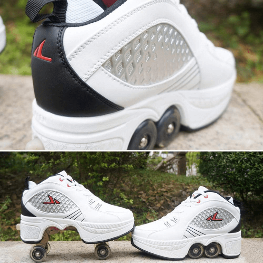 close-up and outdoor view of white Kick Speed Matrix roller skate shoes with wheels, roller shoes for adults and kids