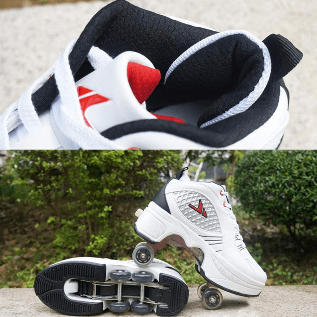 interior detail and sole view of white Kick Speed roller skate shoes with wheels, durable roller shoes for adults and kids