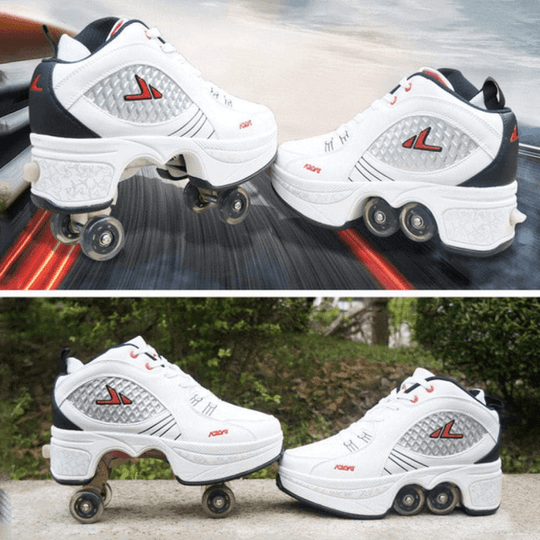 Kick Speed Matrix MID roller skate shoes collage showing retractable wheels, highlighting dual-wheel design and white PU leather finish, roller shoes for adults and kids, shown in outdoor