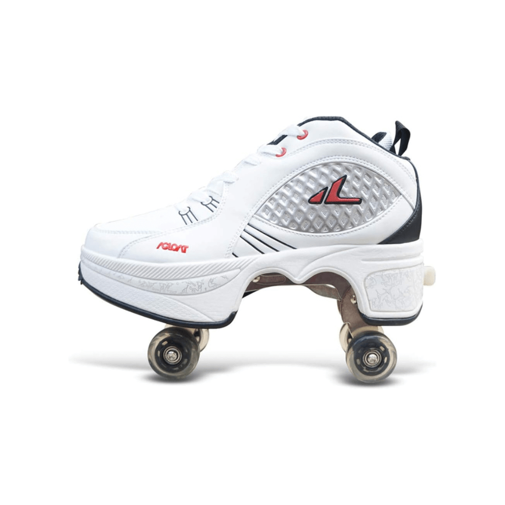 side view of white Kick Speed roller skate shoes with wheels, versatile shoes for adults and kids