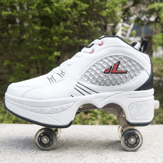 matrix MID roller shoes shown in side view, versatile shoes with pop out wheels on outdoor pavement