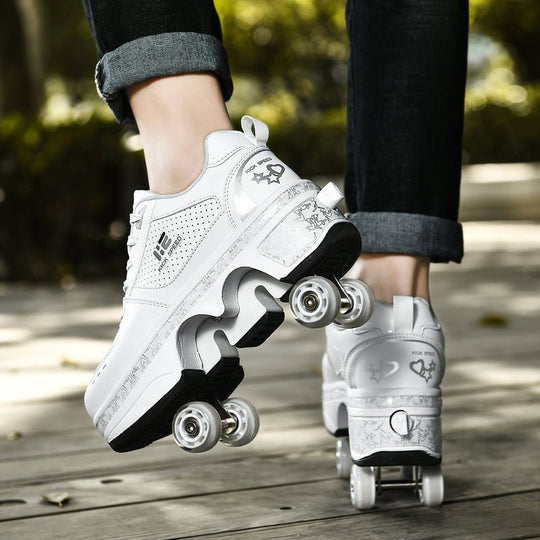 adult wearing Kick Speed white roller skate shoes, outdoor lifestyle photo