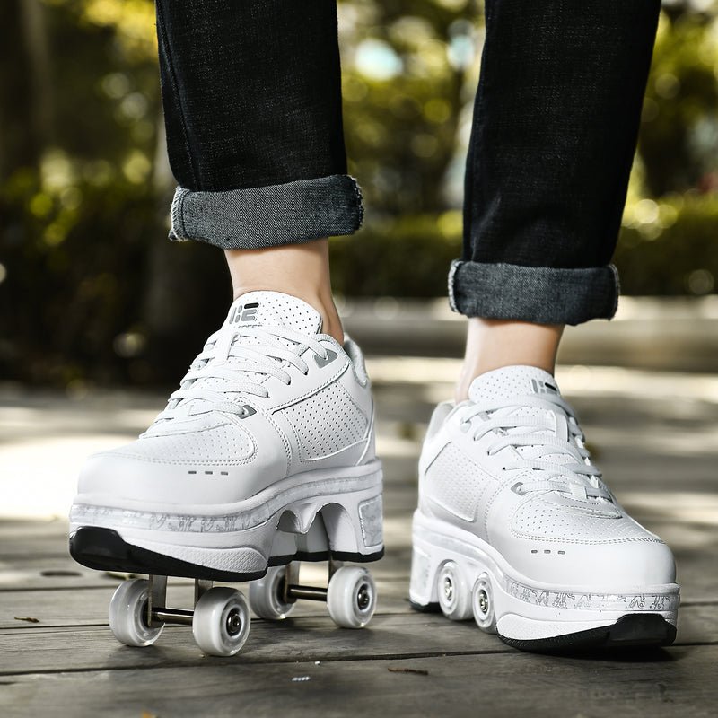 woman walking in Kick Speed roller shoes, white low top sneakers, casual park shot