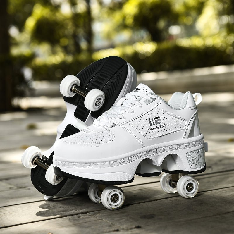 Kick Speed white roller skate shoes with retractable wheels, outdoor product photo on wooden surface