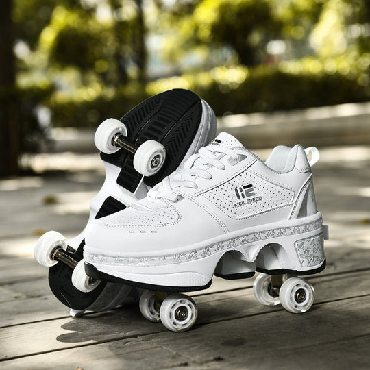 Kick Speed white roller skate shoes with retractable wheels, outdoor product photo on wooden surface