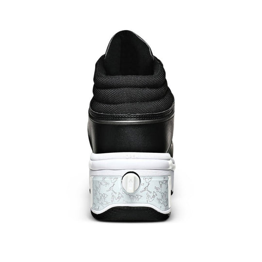 back view of Kick Speed black roller skate shoes with wheels hidden, classic clean back design