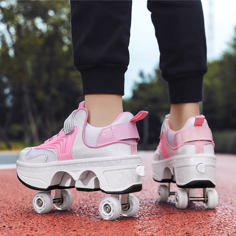 back view of Kick Speed Pro-X LOW Roller Skate Shoes pink version close-up highlighting wheel structure and street skating comfort