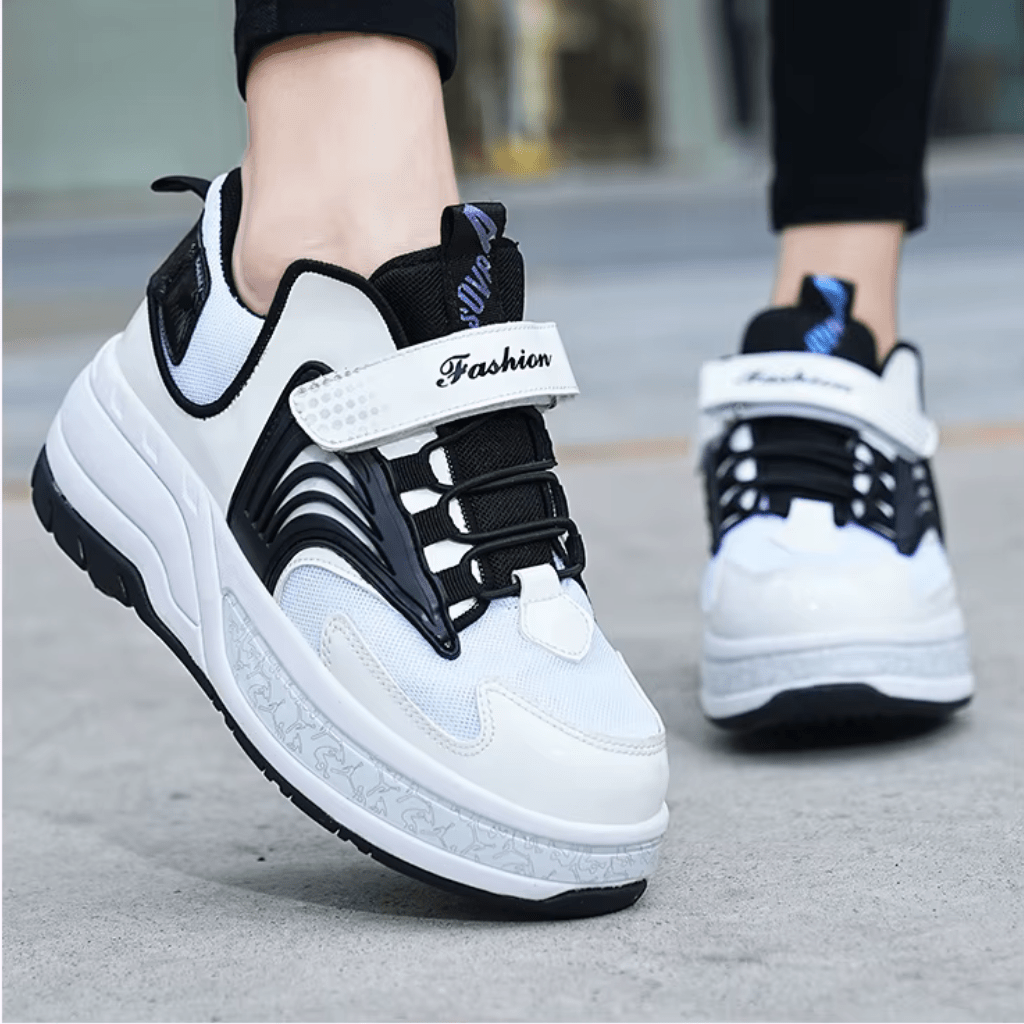 pair of black and white heel wheels shoes worn outdoors, Kick Speed with retractable wheels, front view