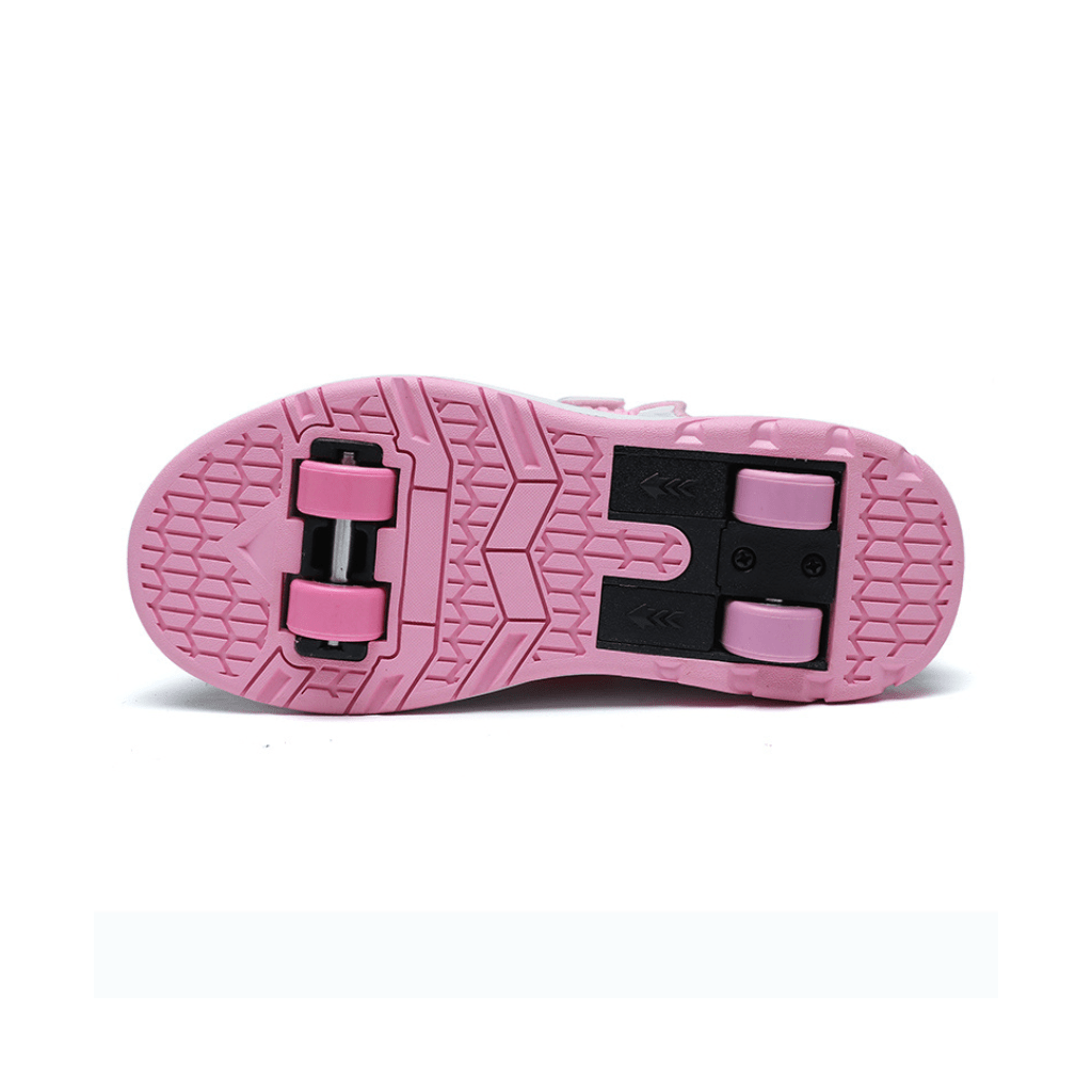 bottom sole view of pink Kick Speed heel wheels shoes, retractable heel and front wheel slots