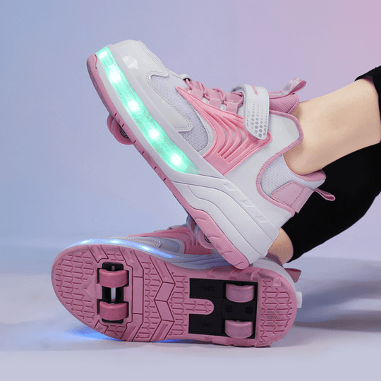 pink Kick Speed LED heel wheels shoes with green LED lights glowing underfoot