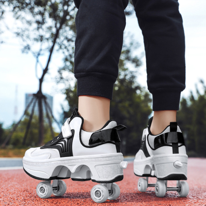 Kick Speed Pro-X LOW Roller Skate Shoes black and white design outdoor view with pop-up wheels for smooth skating experience