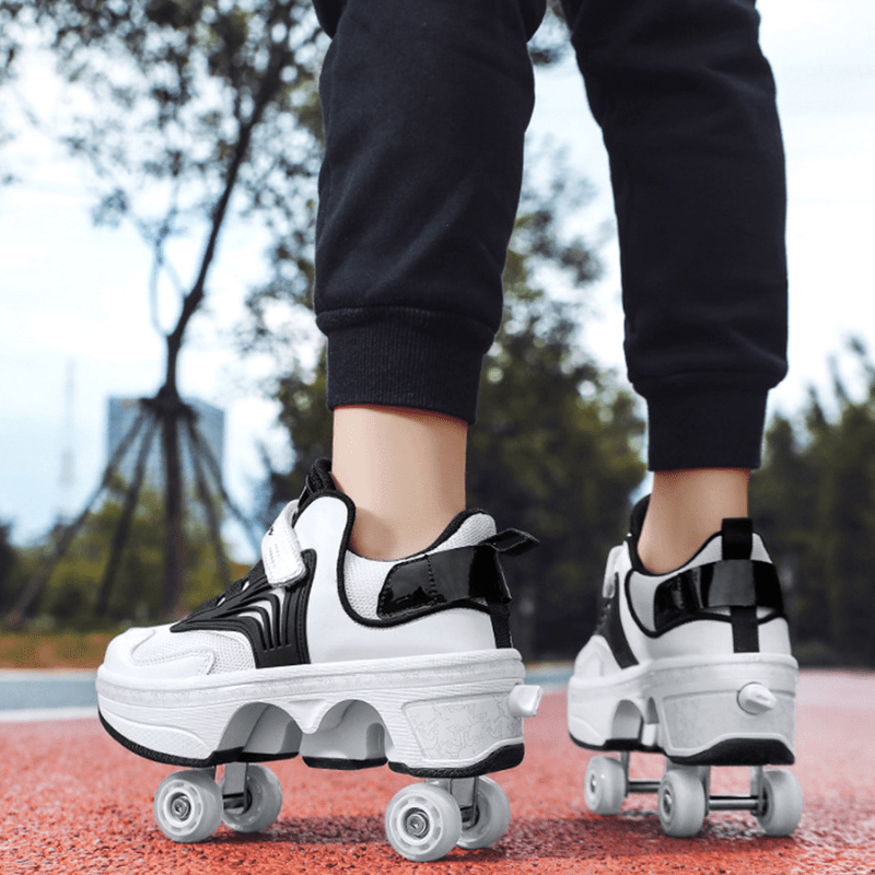 back angle view of Kick Speed Pro-X Roller Skate Shoes in black and white with visible pop-out wheel system