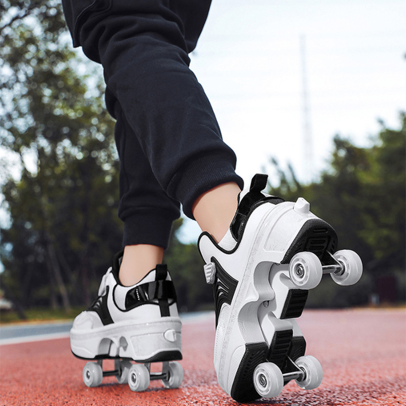 back view of Kick Speed roller skate shoes stylish rear angle showing retractable wheels and durable outsole for outdoor use