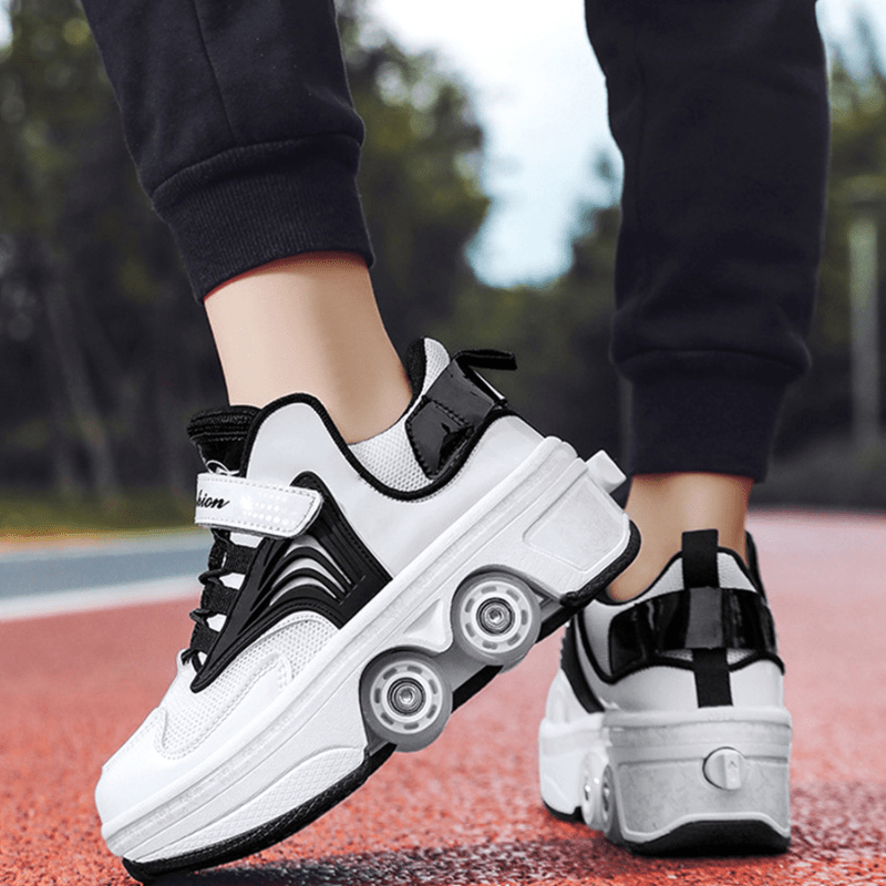 close-up of Kick Speed shoes with wheels in pink highlighting retractable wheel mechanism and soft sole cushioning