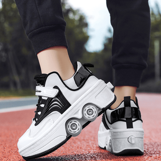 close-up of Kick Speed shoes with wheels in pink highlighting retractable wheel mechanism and soft sole cushioning