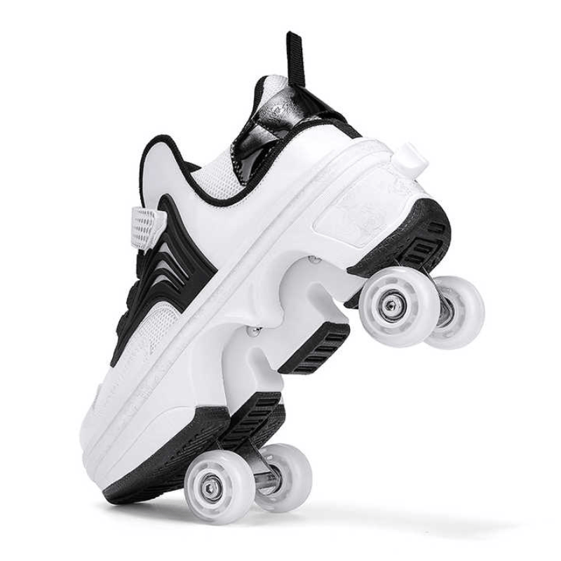 side view of Kick Speed Pro-X LOW Roller Skate Shoes black edition showing  pop out wheels