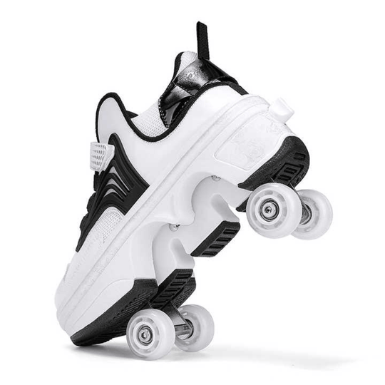 side view of Kick Speed Pro-X LOW Roller Skate Shoes black edition showing  pop out wheels