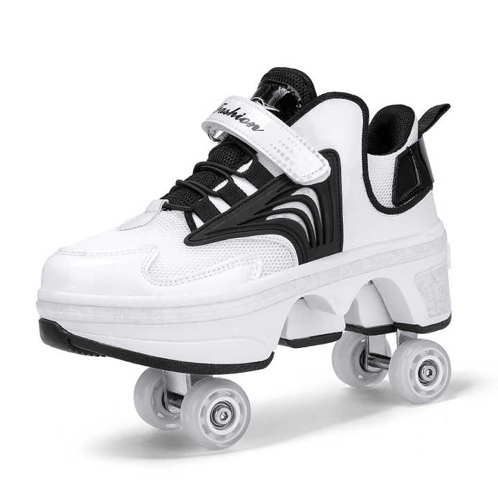 side product display of Kick Speed Pro-X LOW Roller Skate Shoes black and white model with retractable wheel feature