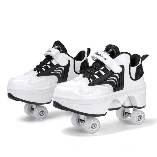 black and white version of Kick Speed Pro-X LOW Roller Skate Shoes showing retractable wheels and chunky cushioned sole