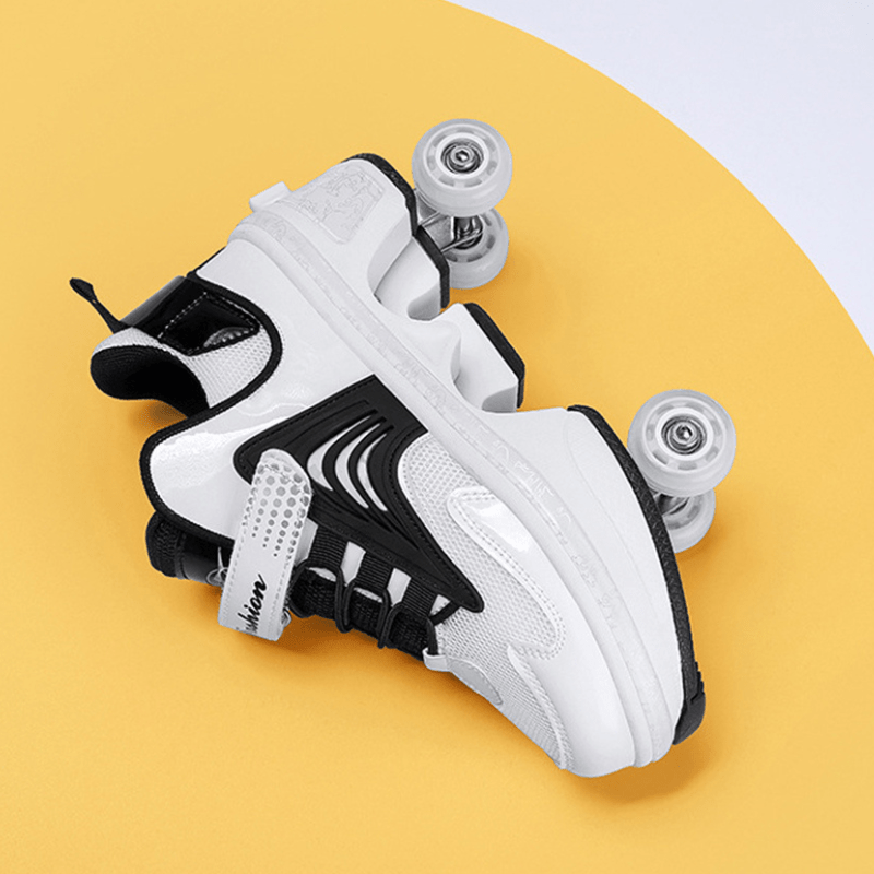 top flat-lay view of Kick Speed roller skate shoes for kids in black and white on yellow background showing pop-out wheels