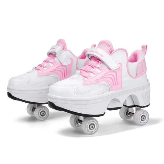 pink and white design of Kick Speed Pro-X LOW Roller Skate Shoes with pop-up wheels and breathable mesh upper
