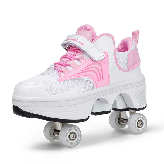 side product display of Kick Speed Pro-X LOW Roller Skate Shoes pink model with retractable wheels
