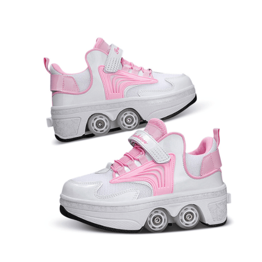 two pairs of Kick Speed Pro-X LOW Roller Skate Shoes for girls in pink and white positioned side-by-side showing low-top design