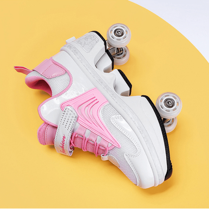 top view of pastel pink Kick Speed roller skate shoes placed on yellow background highlighting smooth wheel design and velcro strap