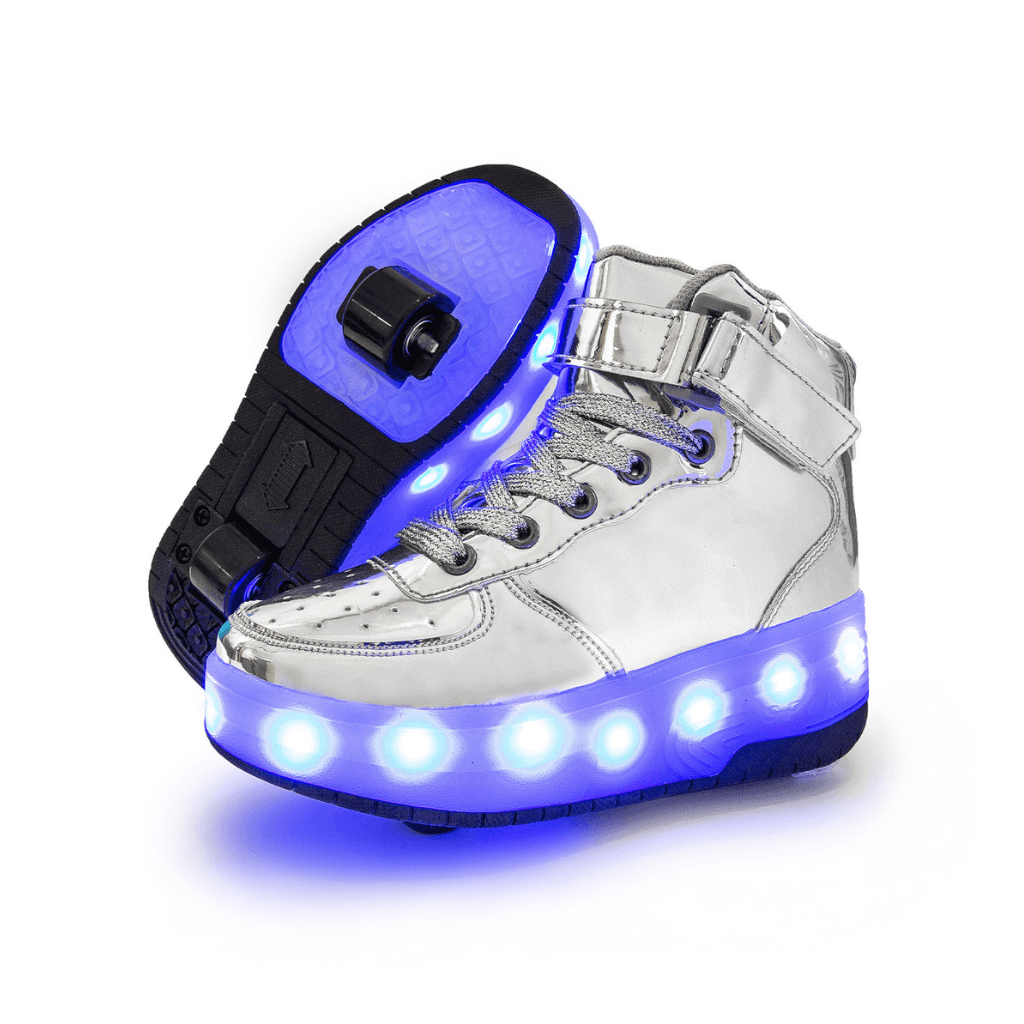 side and bottom view of silver heel Kick Speed Spectra Glow MID Heel Wheel Roller Shoes LED on white background, shoes with wheels for kids and adults