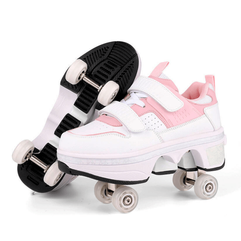 Kick Speed Supersonic LOW roller skate shoes in white and pink showing pop out wheels on the bottom on studio background