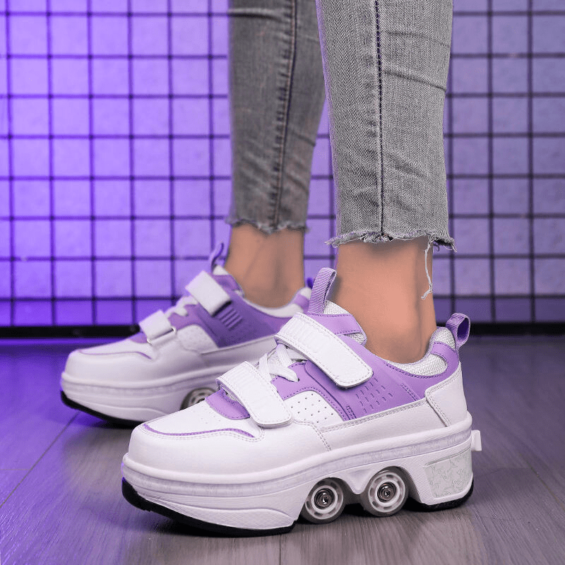 purple roller skate shoes for kids with double strap design and pop-up wheels under neon lighting