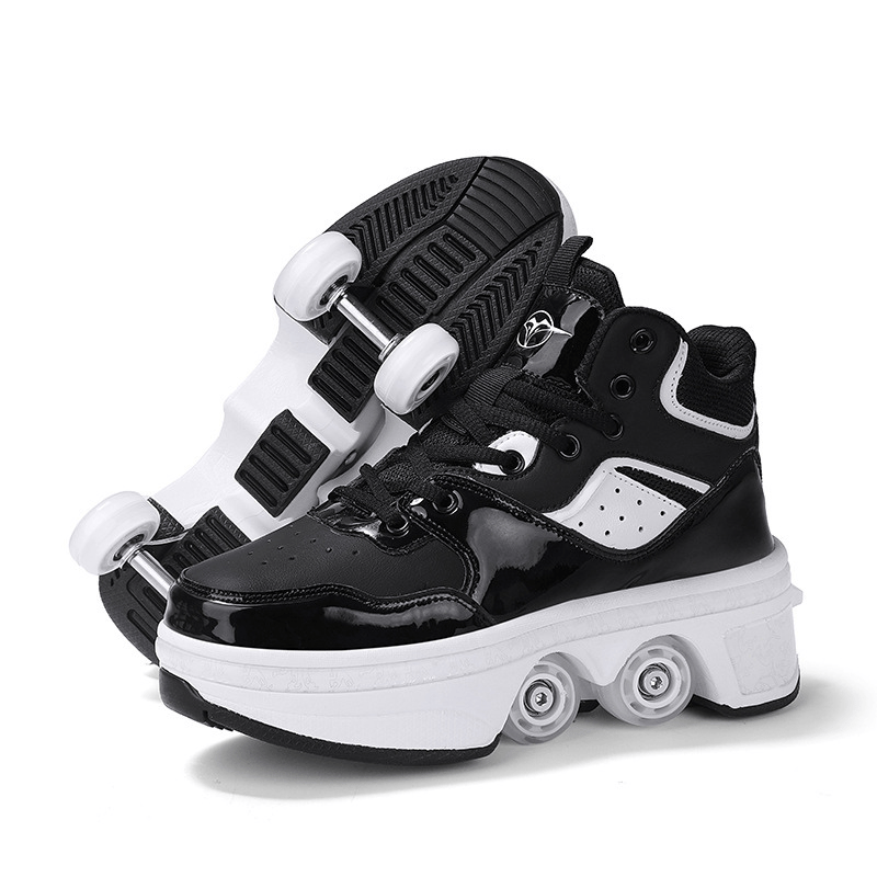 Kick Speed Vapor MID Roller Skate Shoes black and white model studio view with pop-out wheels on clean background, stylish shoes with wheels for kids and adults