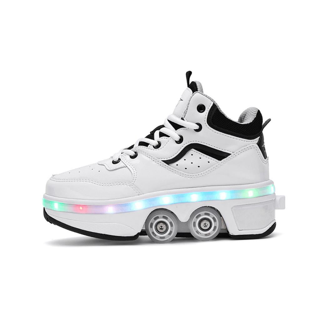 White mid-top roller skate shoes with wheels and rechargeable LED lights, roller shoes for women