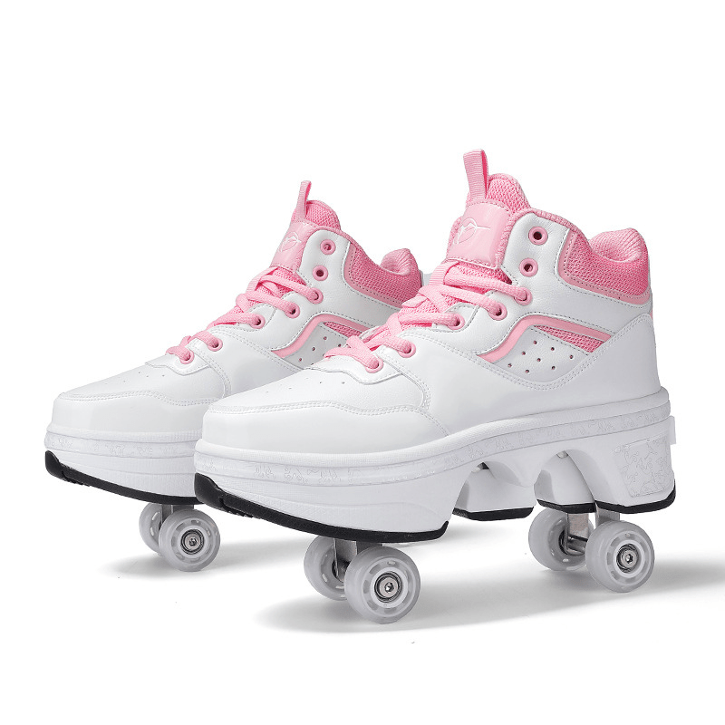 pair of pink and white Kick Speed roller skate shoes front view showing four pop-out wheels, perfect roller shoes for kids