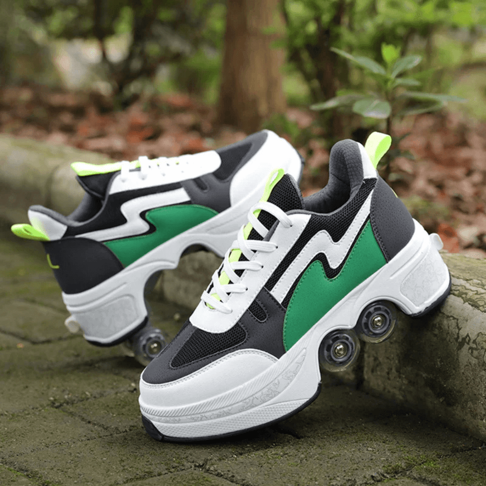 pair of green roller skate shoes with wheels for adults displayed outdoors on pavement with natural background