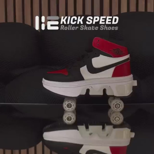 black and white Kick Speed Kick Air LED Roller Skate Shoes on reflective floor, promotional video of shoes with wheels for adults