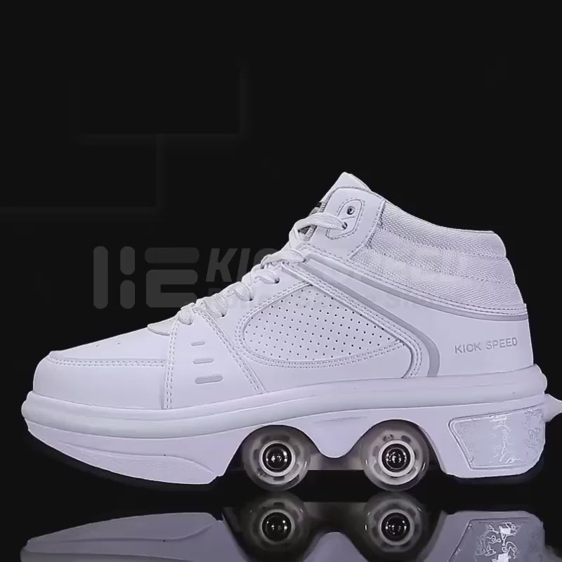 Kick Speed Roller Skate Shoes Original MID, white roller shoes glowing LED lights, video