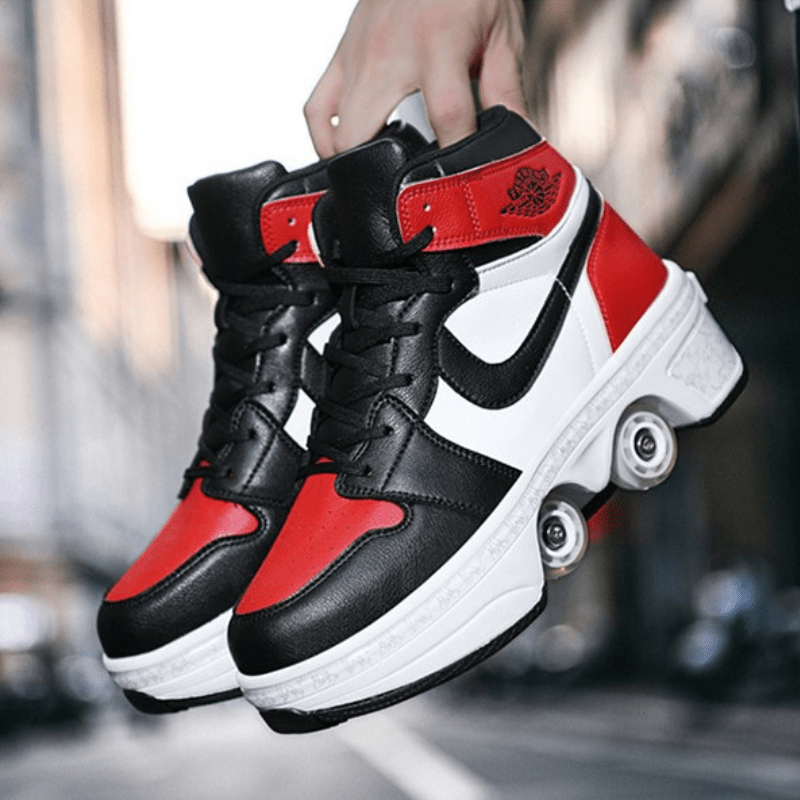 hand holding red and black kick speed sneakers with wheels, lifestyle outdoor photo, inspired by nike roller skate shoes