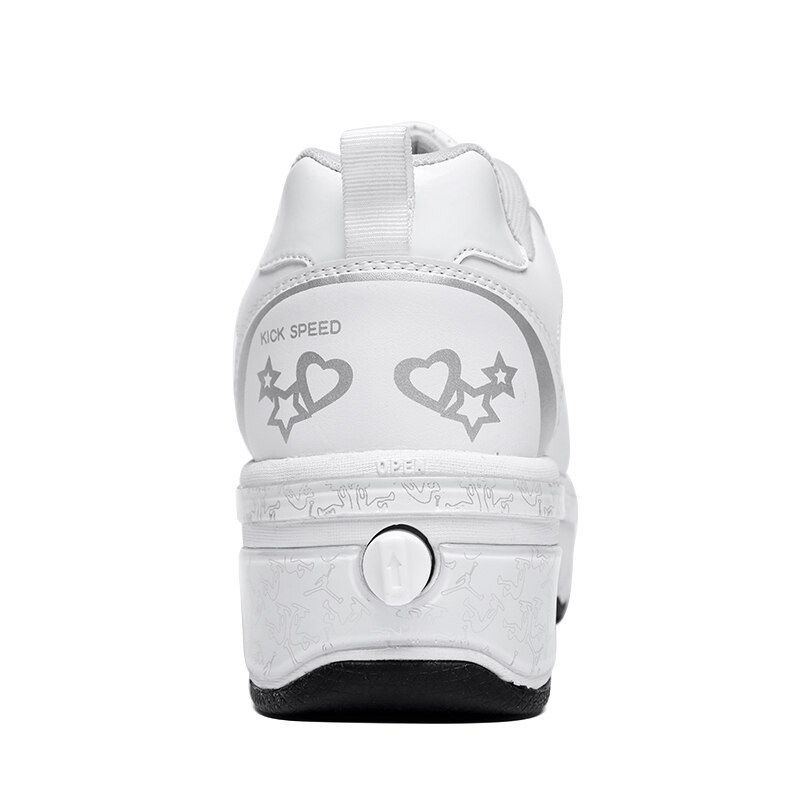 rear view of Kick Speed white roller skate shoes, heel button and heart detail visible