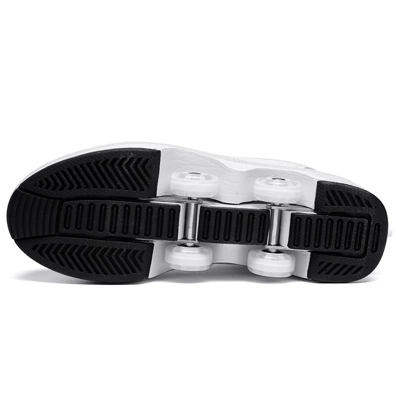 bottom view of Kick Speed white roller shoes, retractable mechanism and black outsole