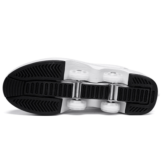 bottom view of Kick Speed white roller shoes, retractable mechanism and black outsole