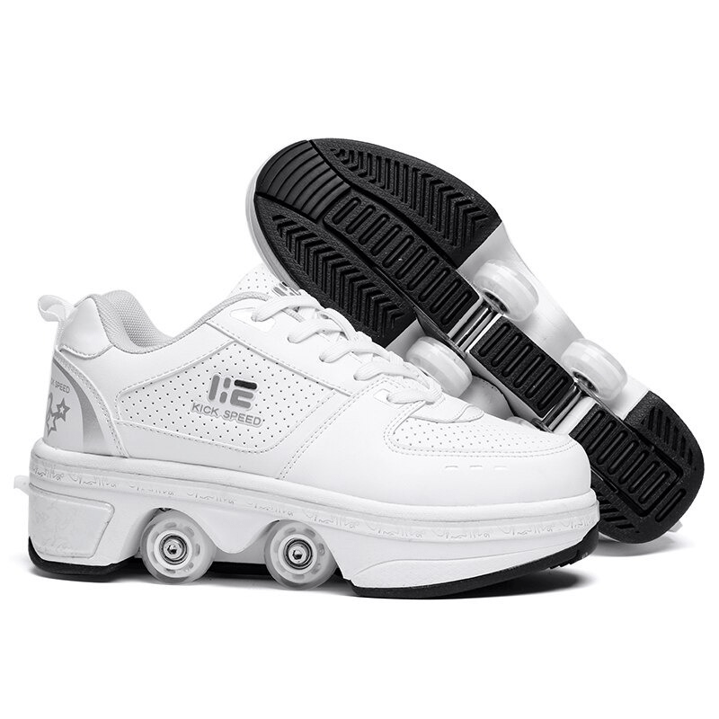 Kick Speed white roller skate shoes, low top, retractable wheels, clean background